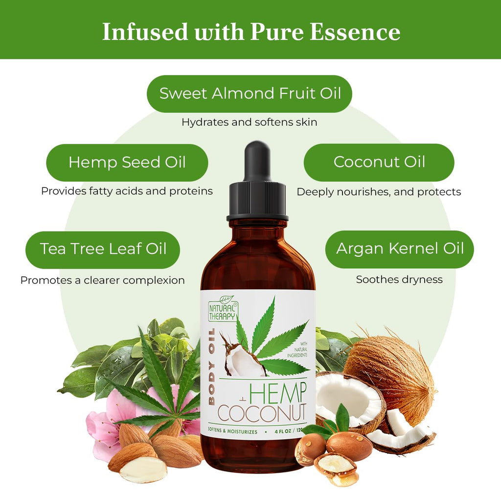 Natural Therapy Hemp & Coconut Body Oil – Moisturizing Body Oil – Hydrate & Soften Skin – Increase Skin Elasticity and Provide Anti-Aging Support (4 Fl.Oz)