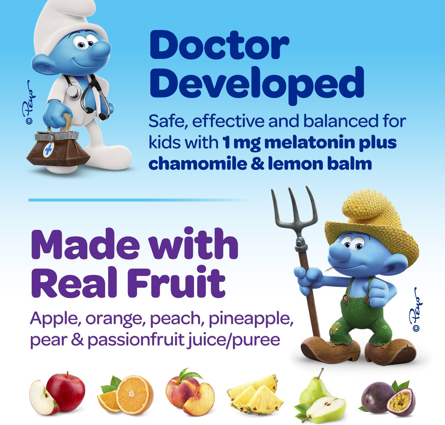 The Smurfs Gummies for Kids with Chamomile & Lemon Balm for a Restful Sleep Age 3+ | Non-Habit Forming | Made with Real Fruit in a Smurf Berry | Doctor Developed | 100 Gummies (100 Count, Melato)