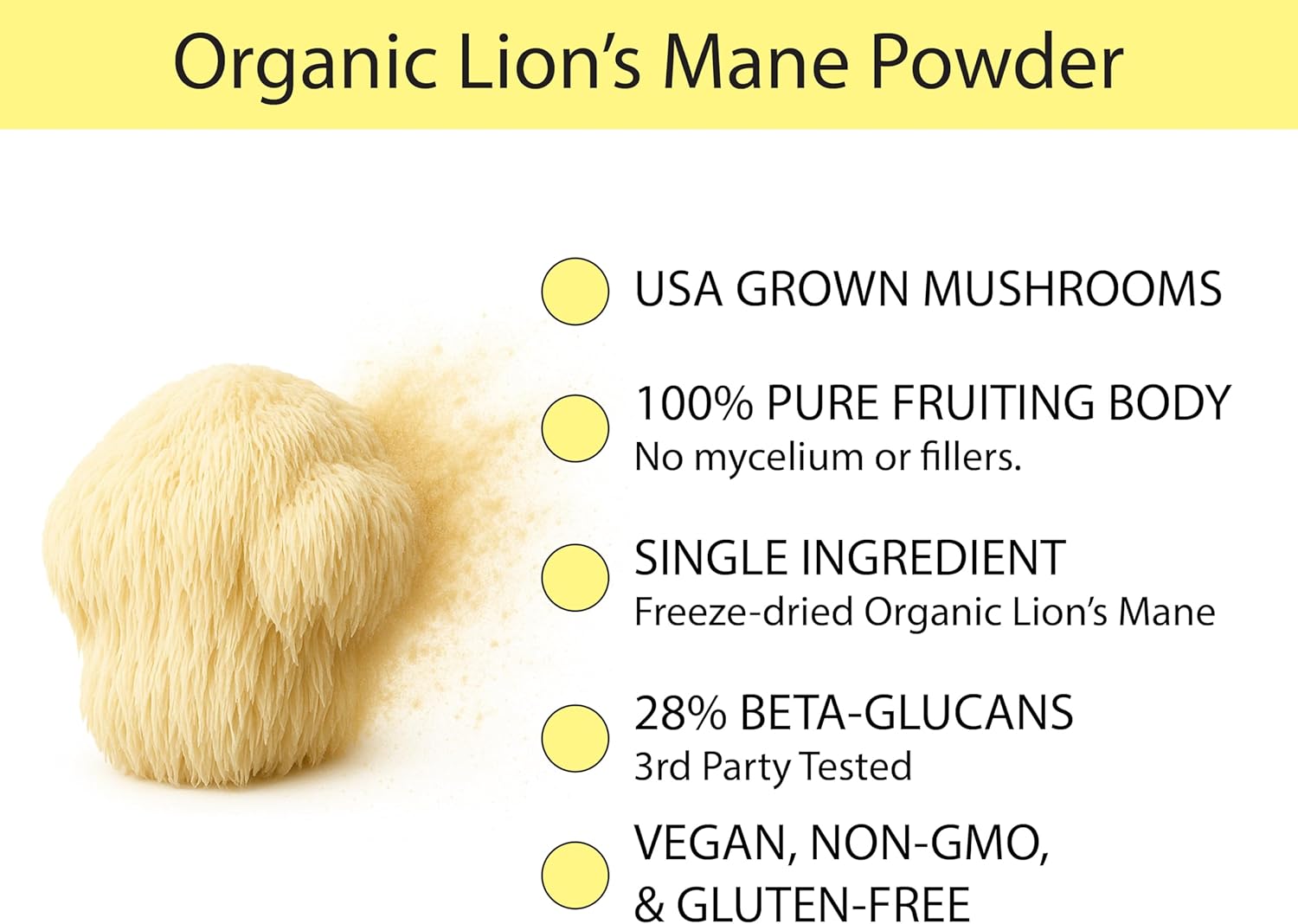 KOYAH - Organic USA Lion's Mane Mushroom Powder - 80 Servings - 100% Fruiting Body, Freeze-Dried, 3rd Party Tested for Beta-Glucans, Non-GMO, Vegan. Brain & Nerve Support. Immune Support.
