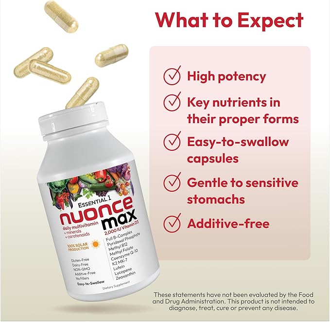 ANDREW LESSMAN Essential-1 nuonce max Multivitamin 2000 IU Vitamin D3 360 Small Capsules. 100 mcg Methyl B12. CoQ10 Lutein Lycopene Zeaxanthin. High Potency. No Additives. Ultra-Mild One Daily Capsule