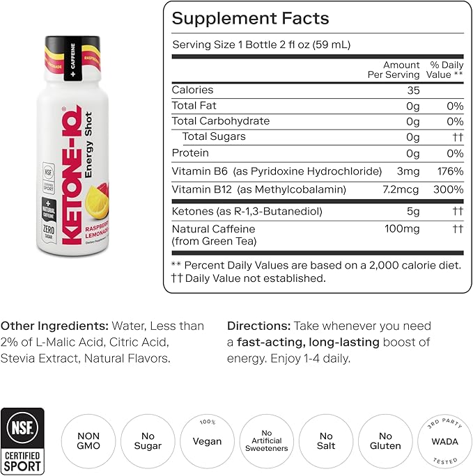 Ketone-IQ Ketone Energy Shots - 100mg Green Tea Caffeine, 5g Exogenous Ketones, and B Vitamins - 24 On The Go Caffeine Shots - Fast Acting Energy Drink (Raspberry Lemonade)
