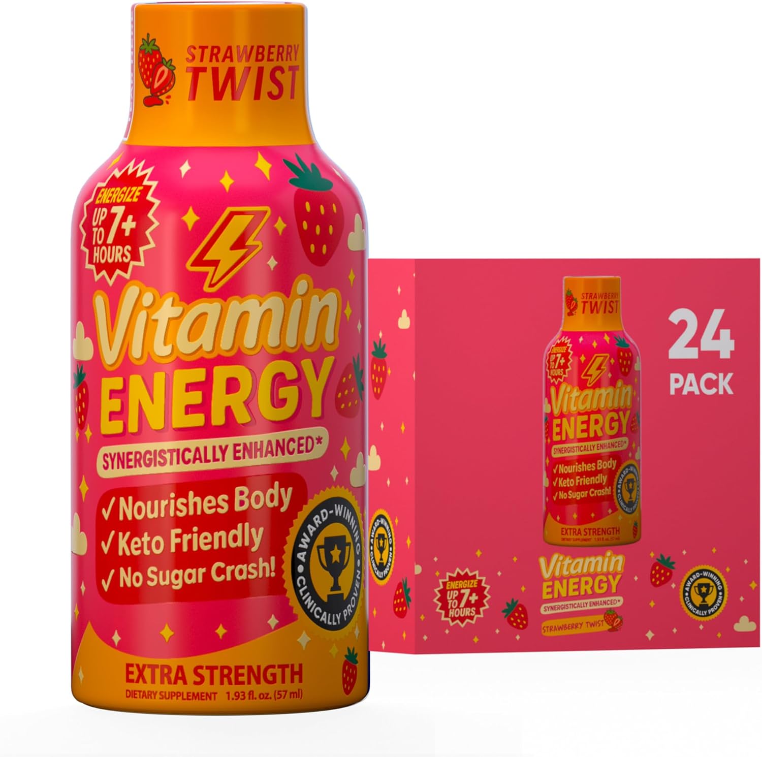 Vitamin Energy Immune+ Extra Strength Energy Shot Strawberry Twist 24 Pack, 260mg Natural Caffeine, B-Vitamins, Citicoline, Green Tea, Immunity & Focus Support, Zero Sugar, Gluten-Free 1.93 fl oz
