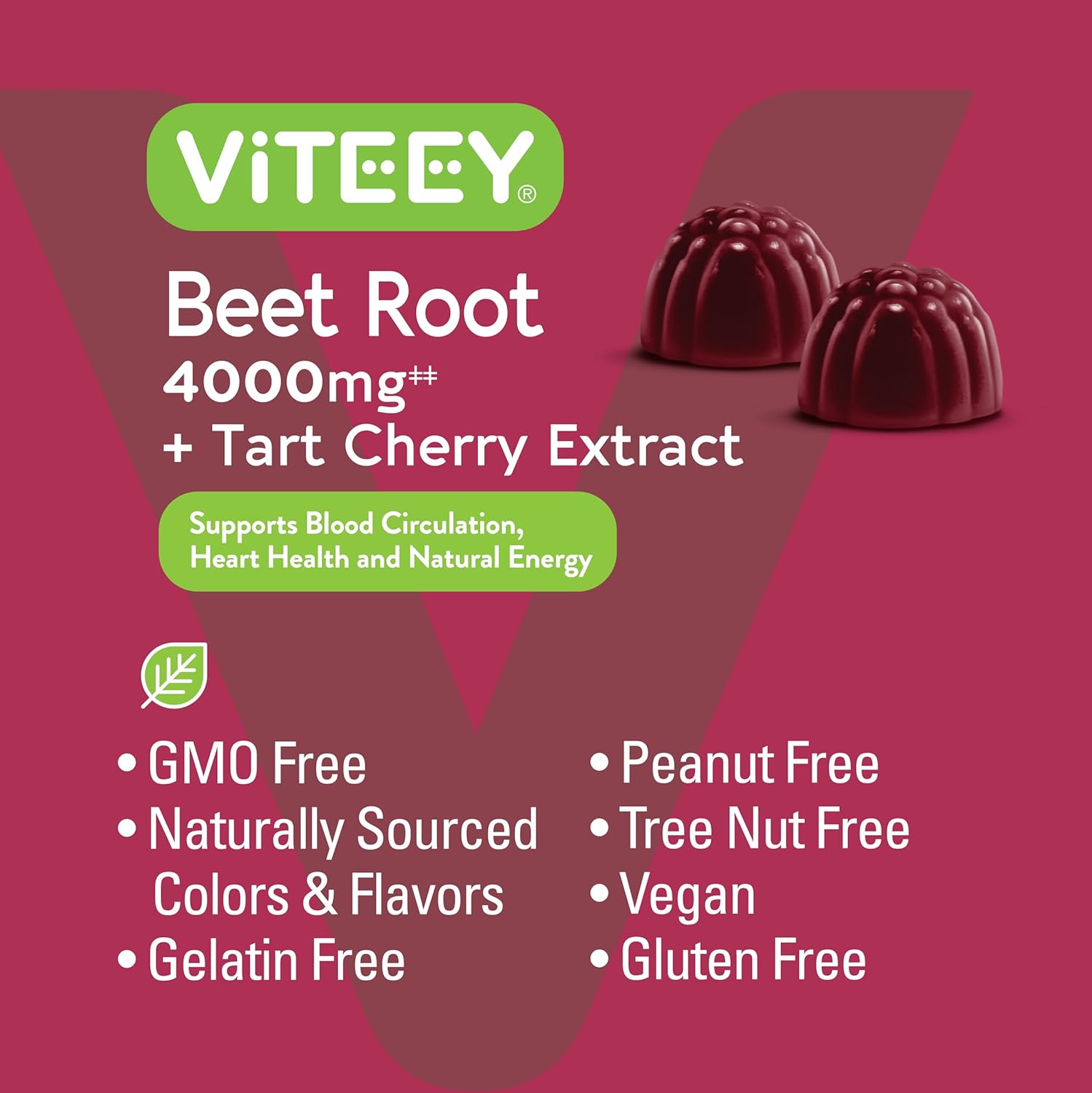 Viteey Beet Root Gummies with Tart Cherry - Beetroot Supplement for Heart Health, Blood Pressure Support - Vegan, Gluten-Free - 120 Count