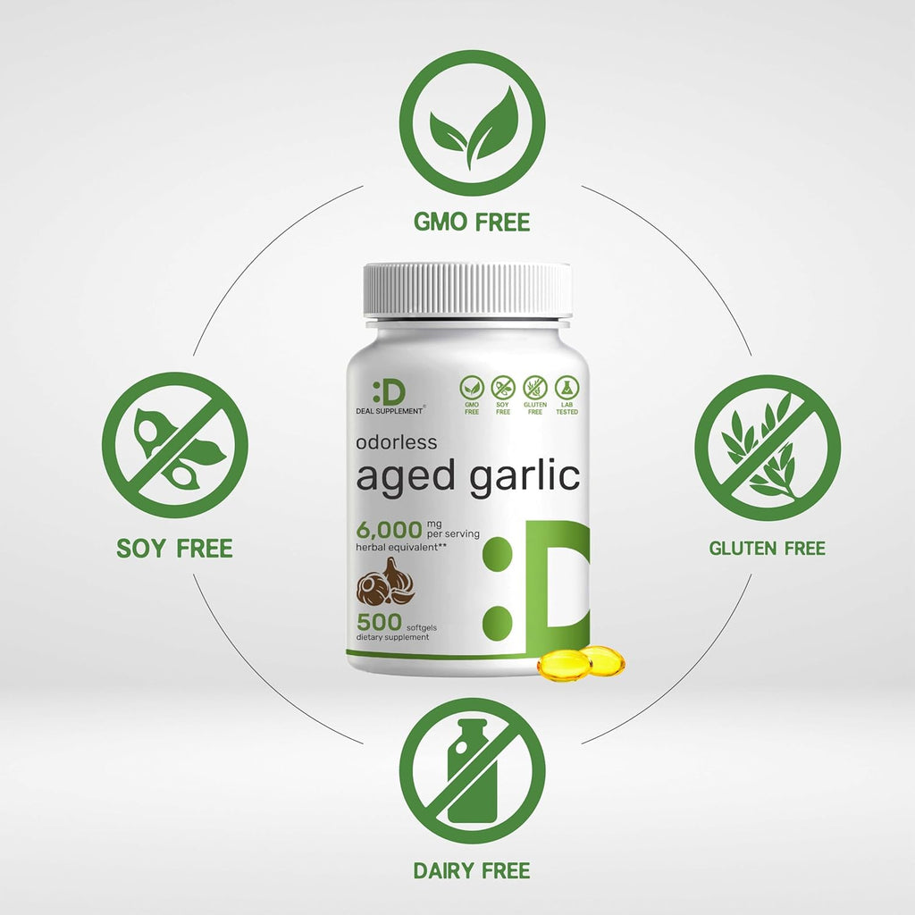 DEAL SUPPLEMENT Odorless Aged Garlic Pills, 6,000mg Per Serving, 500 Softgels – 24:1 Garlic Oil Extract – Fresh Allium Sativum Bulb Source – Heart & Immune Antioxidant Supplements – Non-GMO