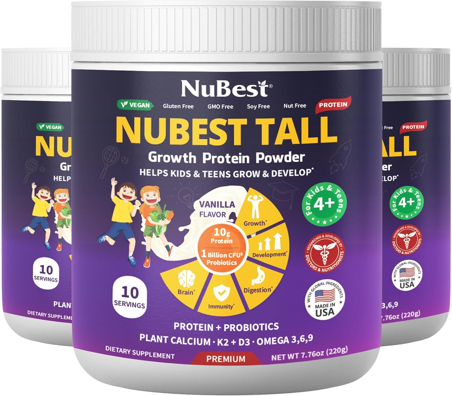 NuBest Tall Protein Powder for Kids & Teens - Vegan Vanilla Protein Powder Shake with Organic Red Algae Calcium, Probiotics, Omega 3-6-9, Vitamin D3 + K2 & Magnesium from Marine Algae - Pack 3