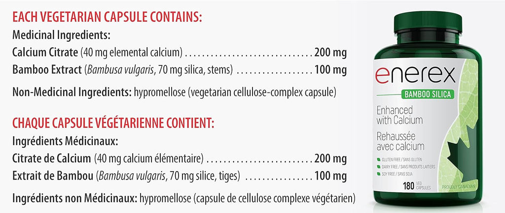 Bamboo Silica with Calcium Citrate - 180 Veggie Caps for Bone & Dental Health, Enhanced Hair, Skin & Nails Growth - Plant-Based Supplement, Bamboo Extract & Organic Silica for Wellbeing