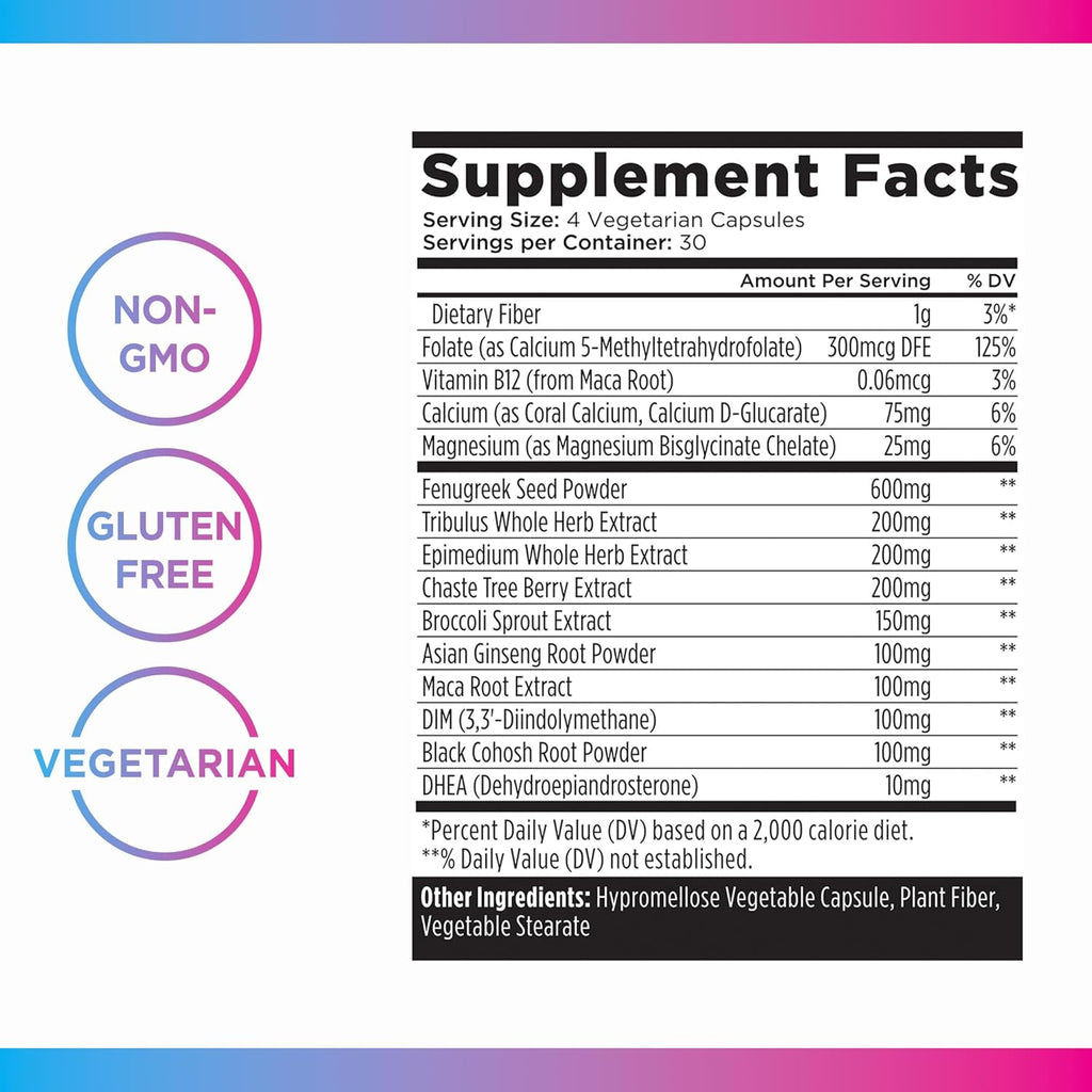 Livingood Daily Women’s Hormone Support Supplement, Estrogen Balance with Fenugreek, Black Cohosh, Chasteberry, DIM, Natural PMS & Menopause Support, Non GMO, Gluten Free, Vegetarian Capsules, 120 Ct