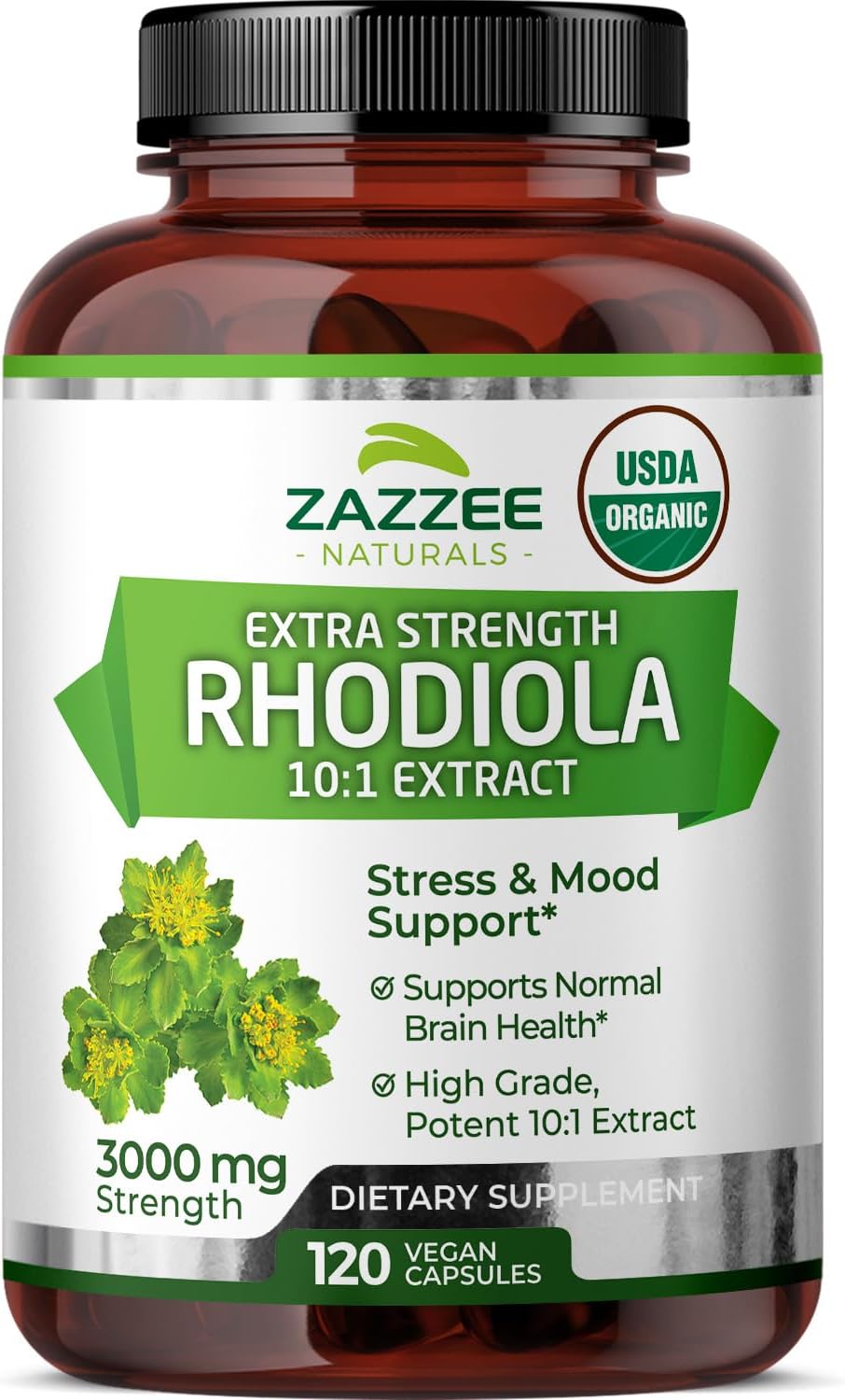 Zazzee USDA Organic Rhodiola 10:1 Exract, 3000 mg Strength, 120 Capsules, 4 Month Supply, Standardized and Concentrated 10X Extract, 100% Vegetarian, Extra Strength, All-Natural and Non-GMO