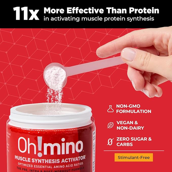 Oh!mino BCAAs + EAAs, All 9 Essential Amino Acids for Muscle Growth & Recovery, Tropical Flavor, Stimulant-Free, Sugar-Free Pre/Intra Post Workout Supplement, Non-GMO