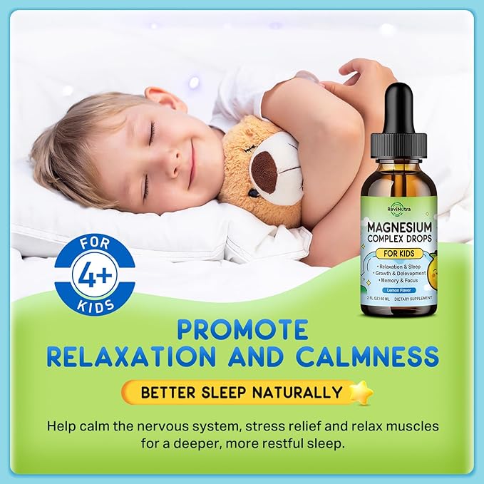 Magnesium Glycinate Liquid for Kids, Kids Magnesium Liquid Drops Supplement with L-Theanine, Calcium, Zinc, Vitamin D3 K2 for Sleep Calm Relaxation Brain Bones Focus, Lemon Flavor 2 Fl Oz