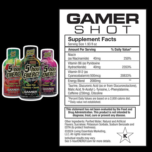 5-Hour Energy Gamer Shots Variety Pack, 24 Count (1.93 fl oz) - Extra Strength Apple Bash, Rocket Raspberry, Pineapple Charge Flavors
