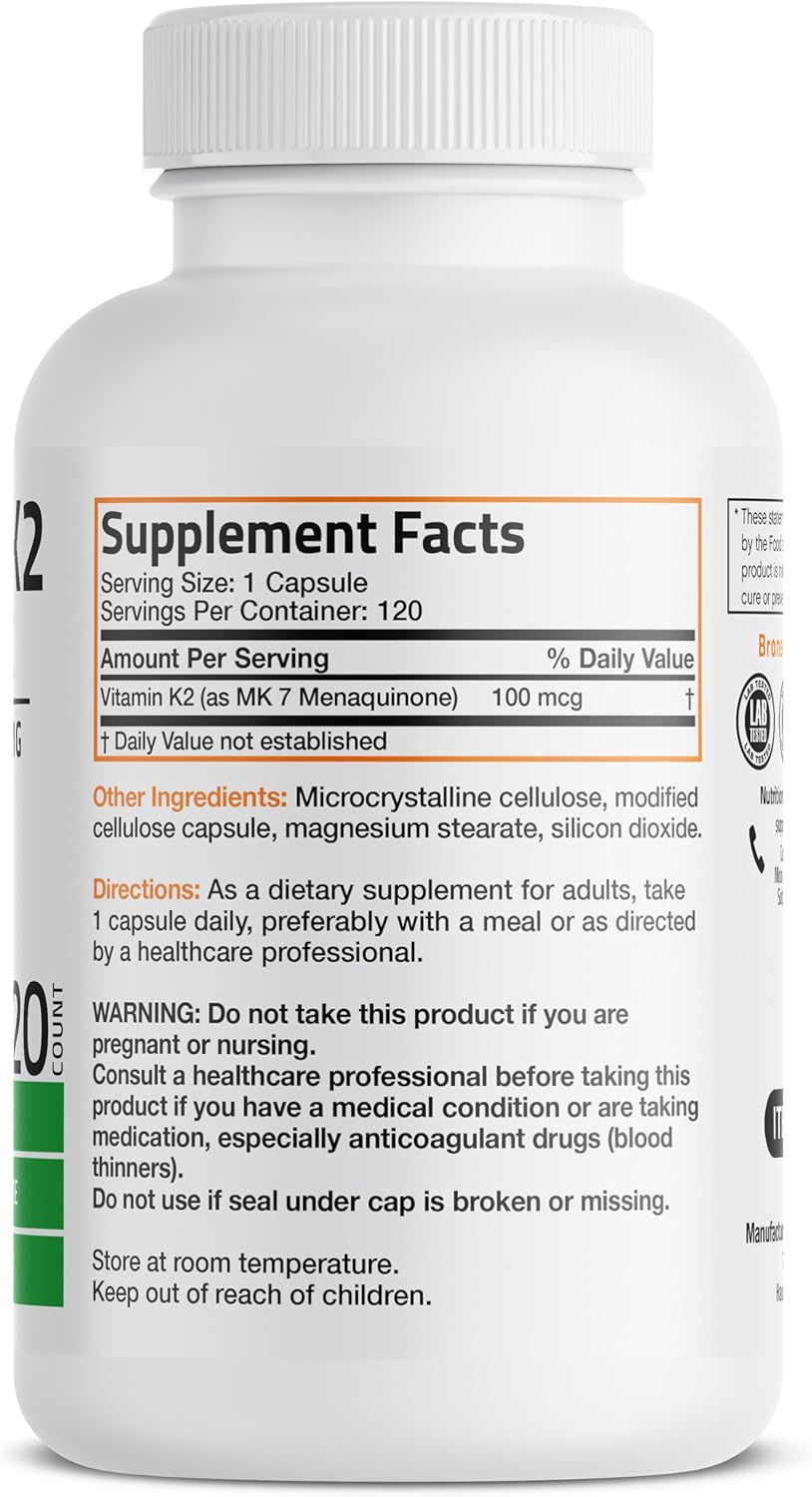 Bronson Vitamin K2 as MK-7 Menaquinone 100 mcg Non-GMO, 120 Capsules