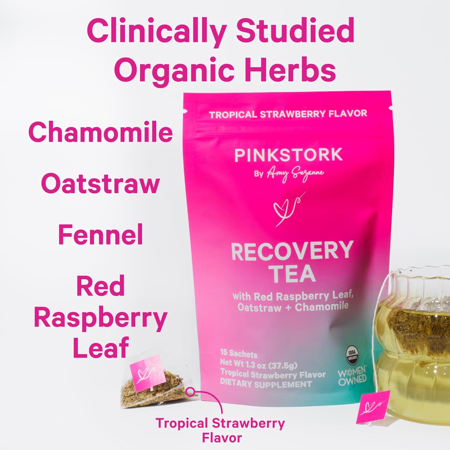 Pink Stork Postpartum Recovery Herbal Tea, Organic Red Raspberry Leaf with Chamomile, Hormone Balance for Women After Labor & Delivery, Strawberry, Postpartum Essentials, Caffeine-Free, 15 Sachets