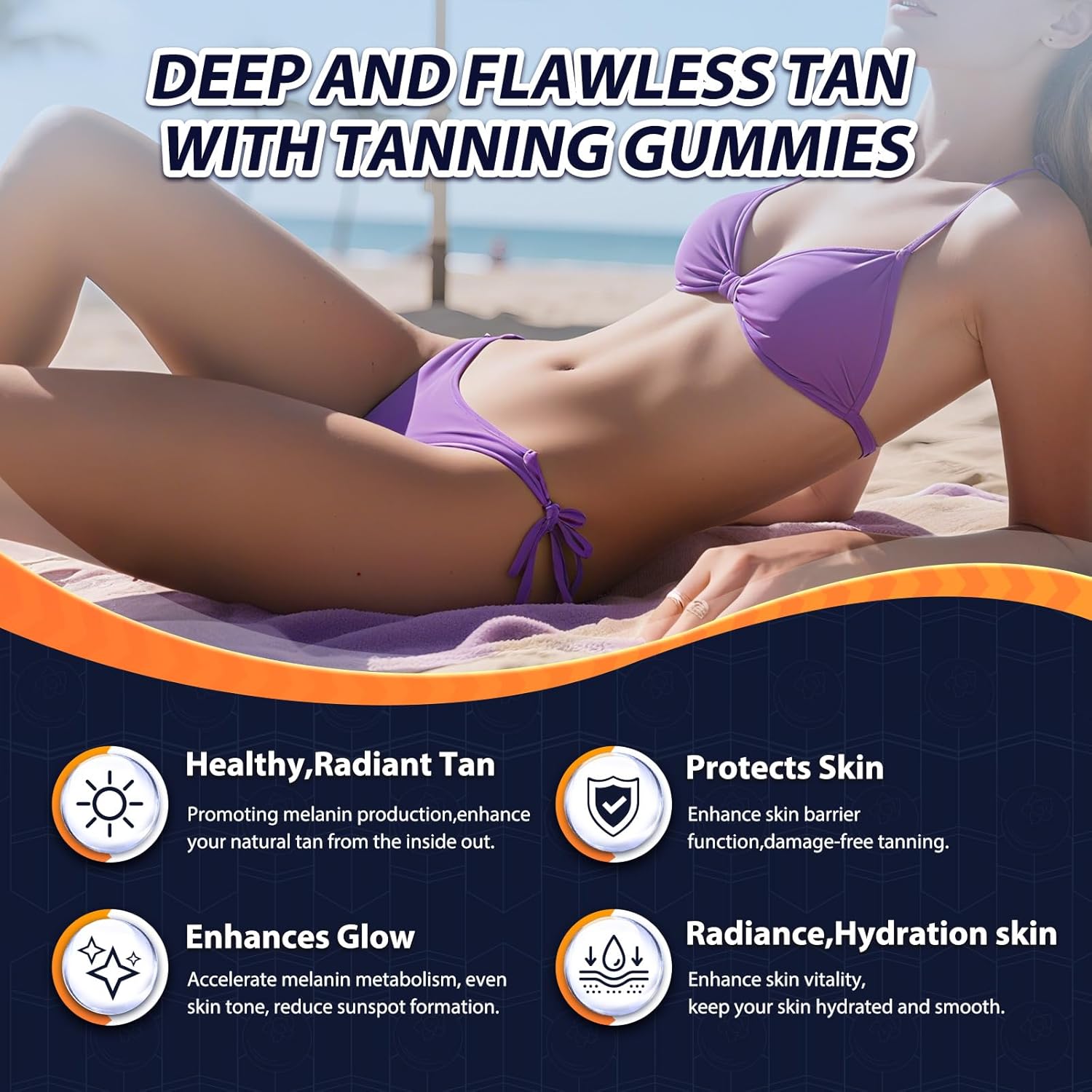 Tanning Gummies - Self Tan Bronzing Supplement that Work Without Sun - No Sugar Vegan with Astaxanthin Lycopene Beta Carotene and Vitamins-60 Count