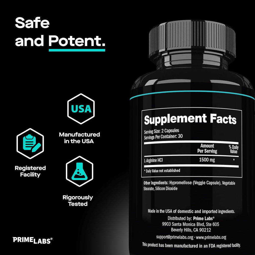 Prime Labs L Arginine 1500mg - Nitric Oxide Supplement - Blood Flow, Energy, Strength, Endurance - 60 Count