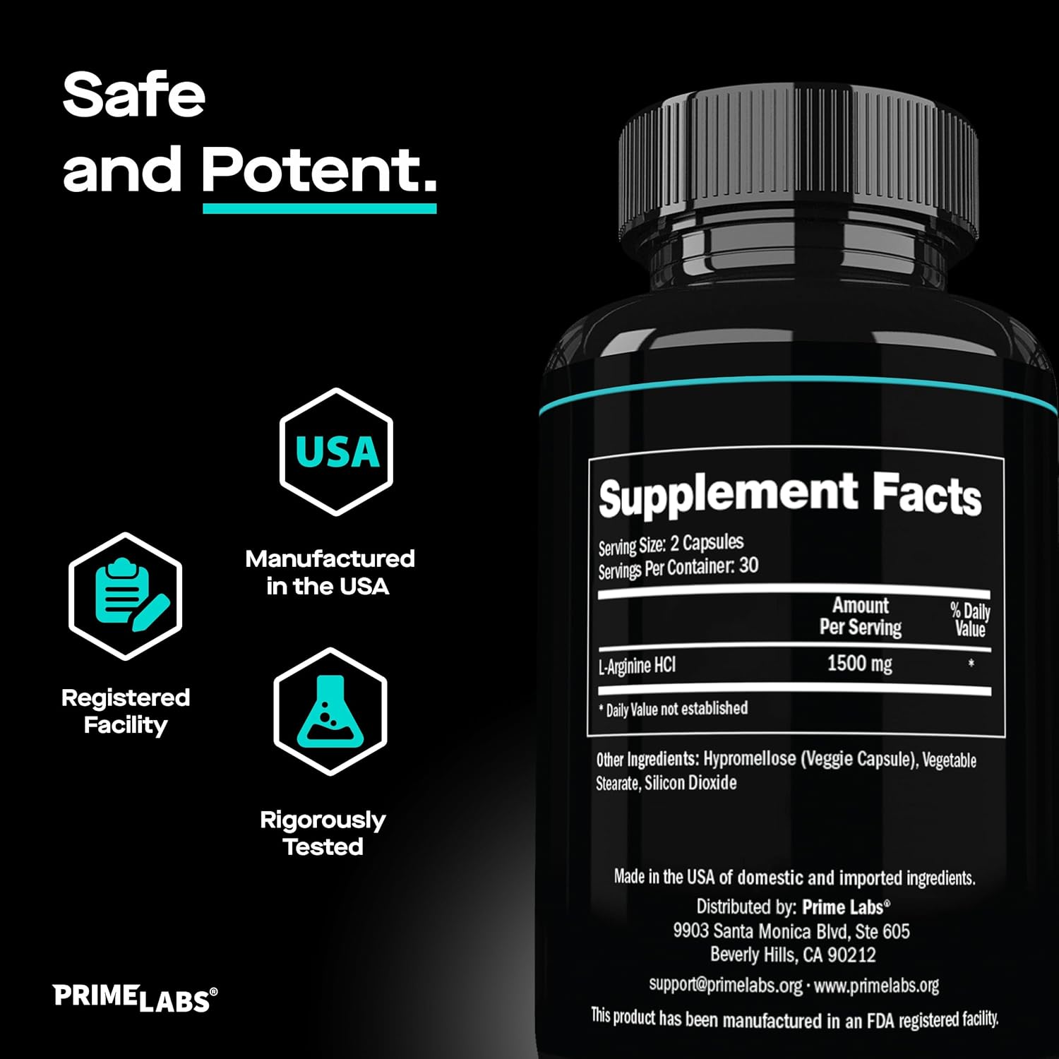 Prime Labs L Arginine 1500mg - Nitric Oxide Supplement - Blood Flow, Energy, Strength, Endurance - 60 Count