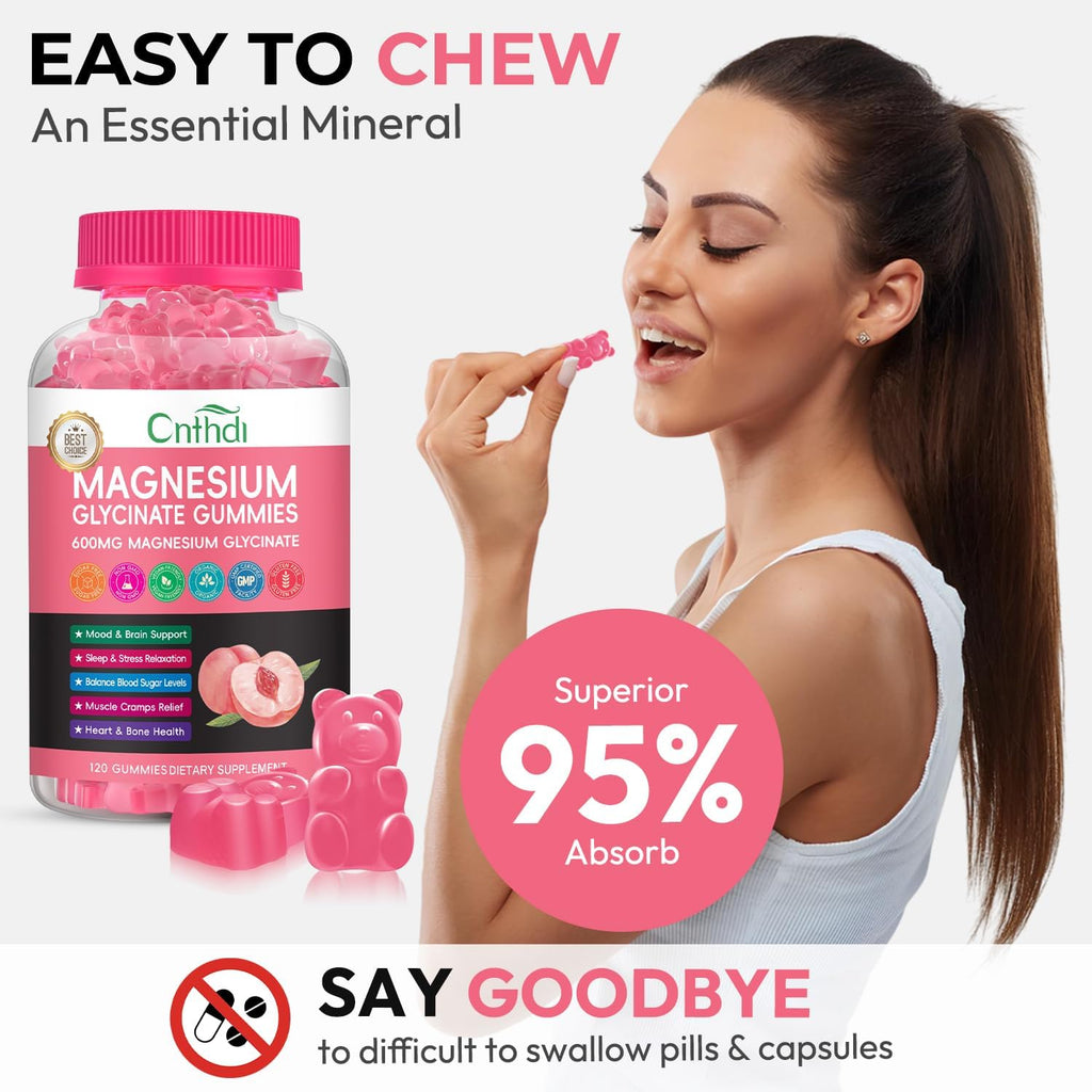 Magnesium Glycinate Gummies Sugar Free, High Absorption Magnesium Complex with L-Threonate, Calcium, B6, D3, Chews Gummies, Relaxation, Stress Relief, Night Rest
