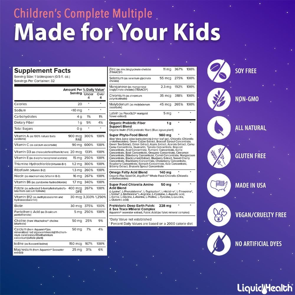 LIQUIDHEALTH Children's Complete Liquid Multivitamin for Kids, Toddlers - Essential Vitamins, Nutrients & Minerals, Immune Support, Gut Health - Made in USA, Vegan, Non GMO, Sugar-Free (16 oz)