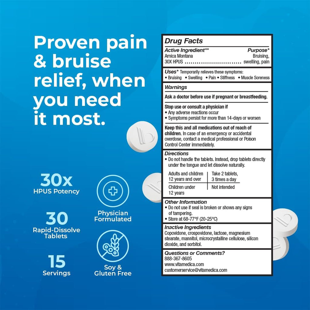 VitaMedica Arnica Montana Blister Pack 30X Tablets for Bruising Pain and Swelling | Plant Based Formula | Recommended by Plastic Surgeons | Natural Recovery Surgery Or Injury | 2 Pack | 30 Servings