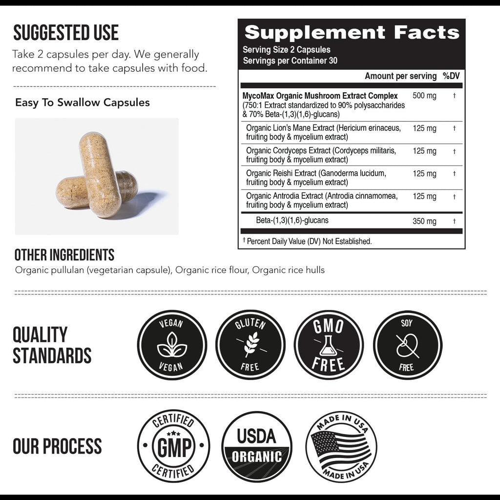 MycoMax Mushroom Complex - 70% Beta Glucans, Max Potency Mushroom Supplement, US Grown + Ultrasonic Extraction - Lions Mane, Cordyceps, Reishi & More - Cognition, Immunity, Energy - 60 capsules