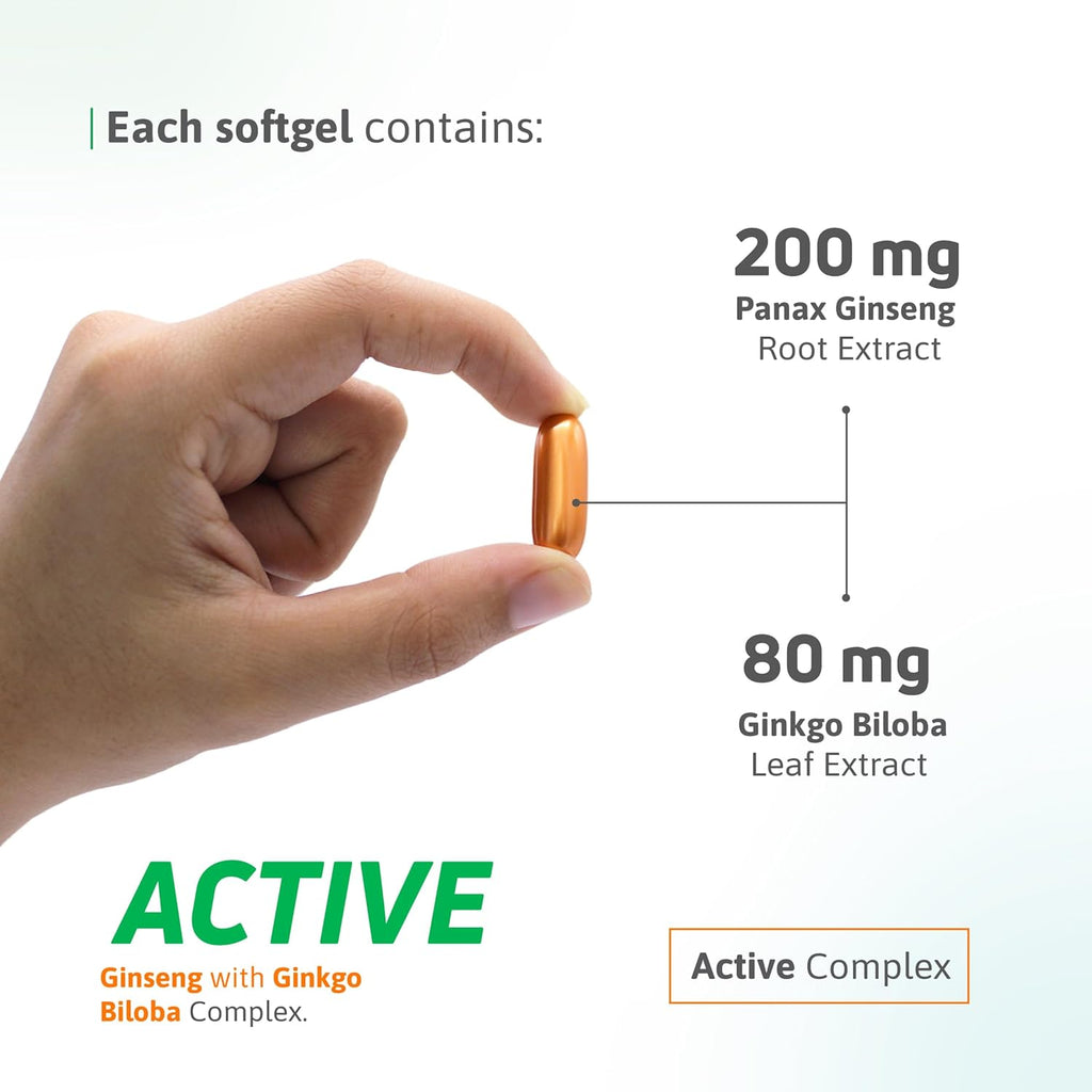 Panax Ginseng Extract 200 mg & Ginkgo Biloba 80 mg Complex – 60 Softgels – Energy and Focus Formula – Ginseng Supplement with Ginkgo for Men and Women – Gluten Free -Active