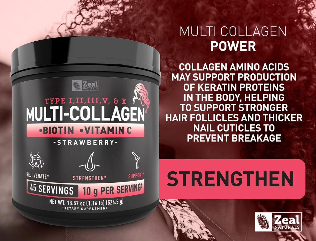 Premium Multi Collagen Peptides Protein Powder (1, 2, 3, 5 & 10) with Vitamin C, Biotin, Hyaluronic Acid, for Hair Skin and Nails - Marine, Bovine, Chicken & Eggshell (Strawberry, 45 Servings)