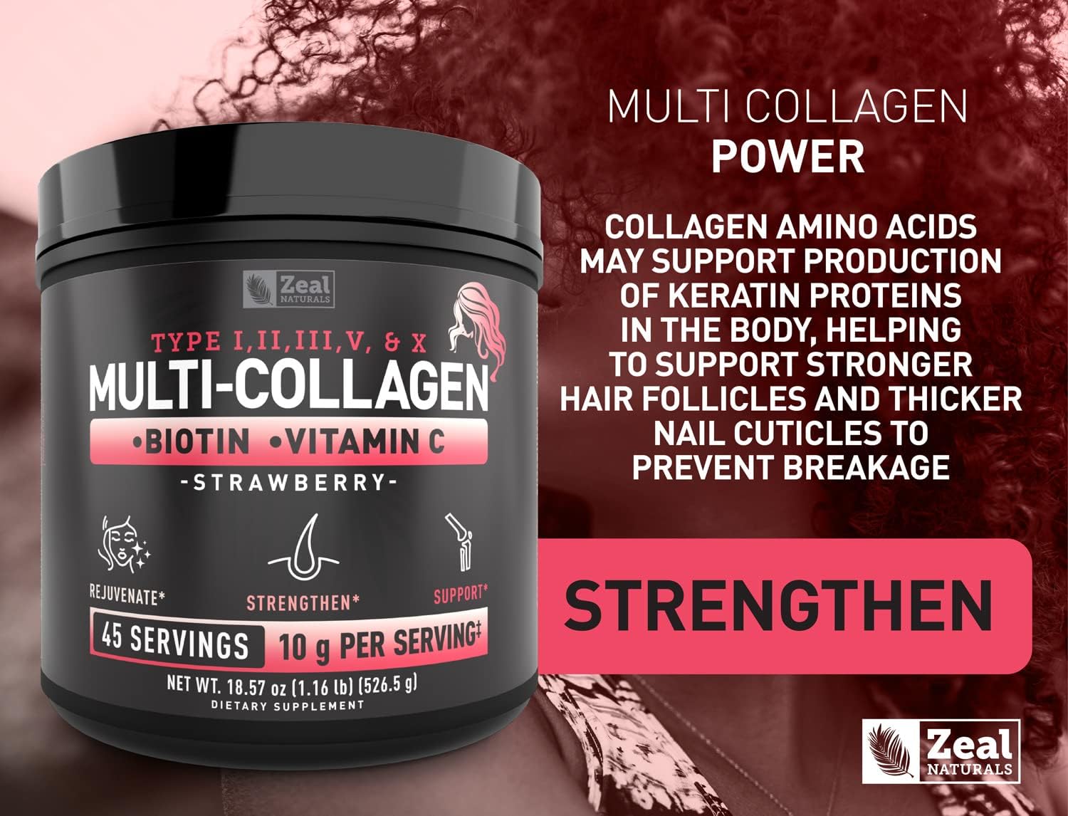 Premium Multi Collagen Peptides Protein Powder (1, 2, 3, 5 & 10) with Vitamin C, Biotin, Hyaluronic Acid, for Hair Skin and Nails - Marine, Bovine, Chicken & Eggshell (Strawberry, 45 Servings)
