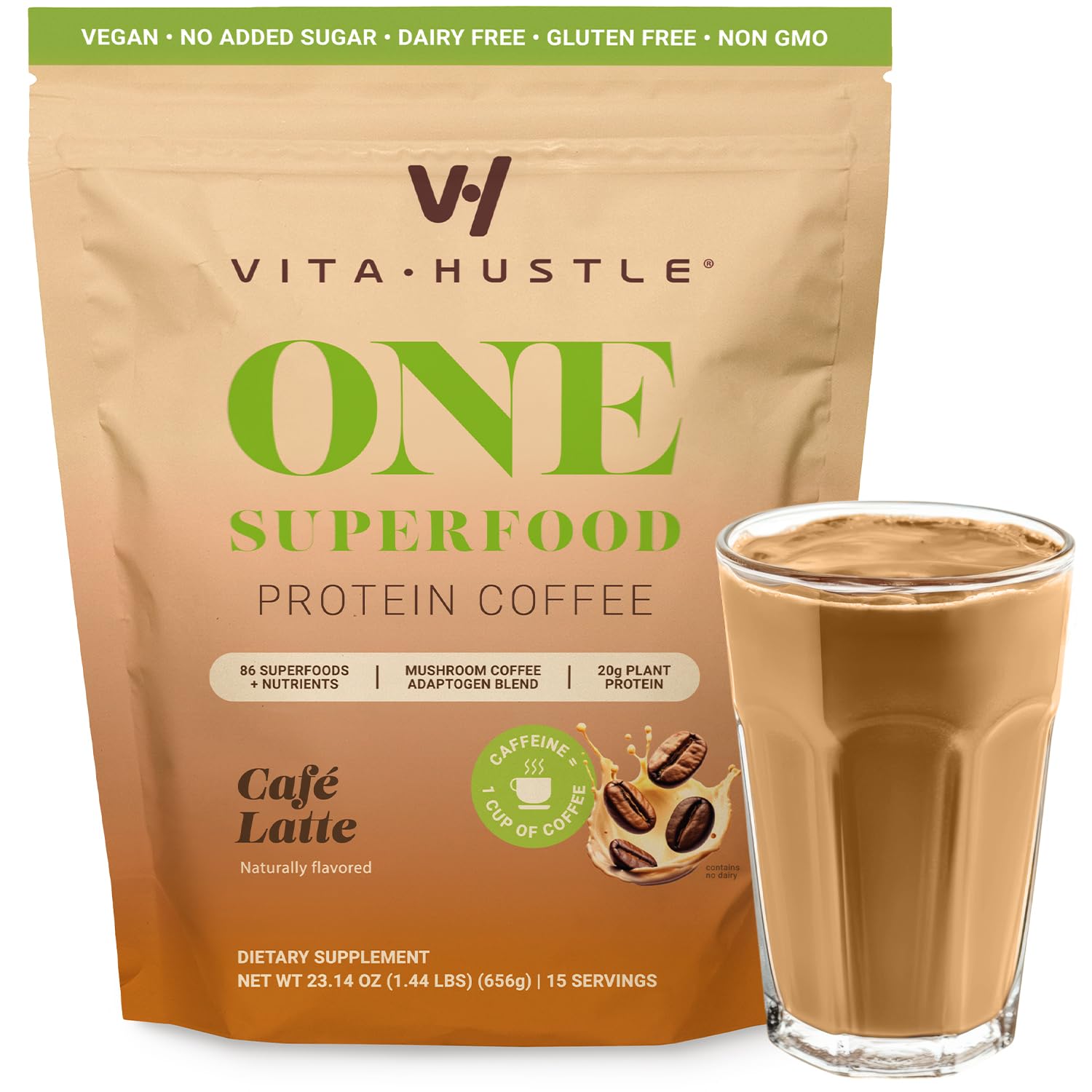VitaHustle ONE Protein Coffee - Superfood Meal Replacement Powder, Plant Based Protein Shake Powder, Vegan. Superfoods, Vitamins, Ashwagandha, Functional Mushroom Blend (Cafe Latte) 15 Servings