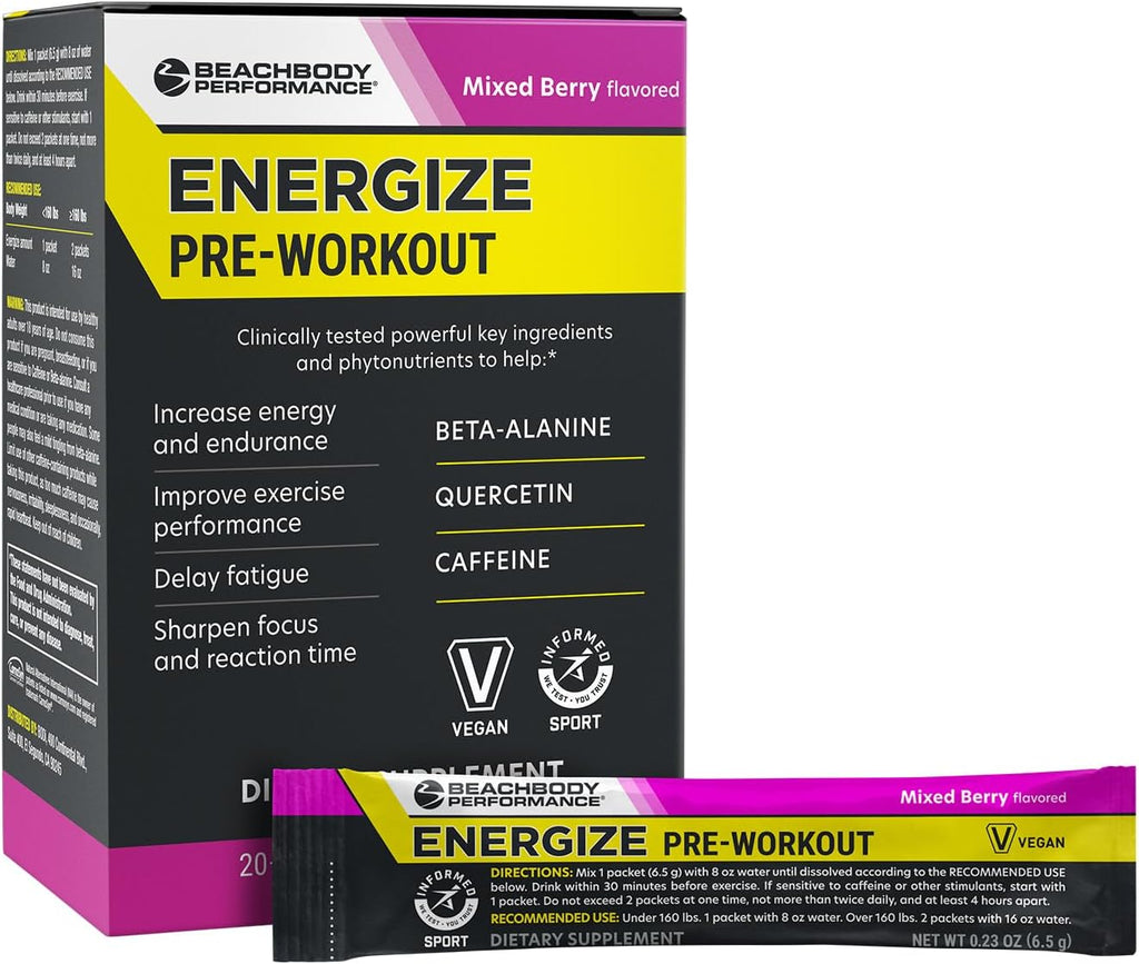 BODi Energize Pre Workout Powder - Beta-Alanine, Quercetin & Low-Dose Caffeine Formula for Enhanced Energy & Focus, Increase Energy & Endurance Supplement, Mixed Berry, 20 Sticks