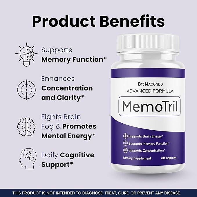 Memotril Capsules - Official Memo Tril Advanced Brain Health Supplement Support, All Natural Formula Vitamins for Overall Health & Wellness - 60 Capsules for 1 Month