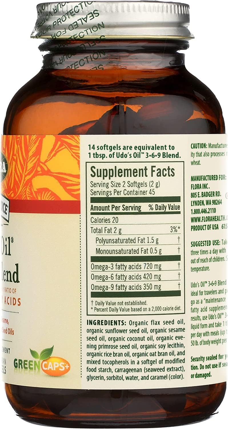 Flora Udo's Oil 3-6-9 Blend - Contains Organic Coconut, Flax Seed Oil & More - 90 Vegetarian Softgels