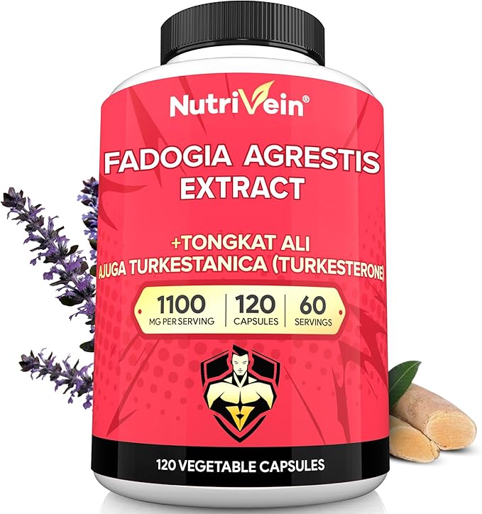 Nutrivein Premium Fadogia Agrestis and Tongkat Ali Supplement with Turkesterone - 1100 mg - 120 Caps - Synergistic Blend for Performance, Strength, & Recovery for Men & Women of All Ages