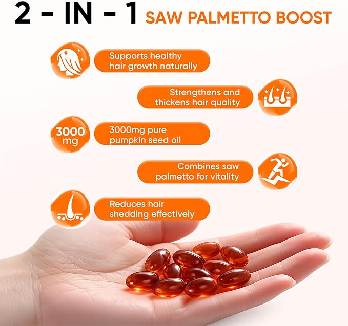 Pumpkin Seed Oil Capsules, 2 in 1 Pumpkin Seed Oil with Saw Palmetto for Hair, 3000mg Pure & Natural Supplement, Supports Hair Heart Skin Supplement, Non-GMO, Gluten Free, 300 Softgels (1)