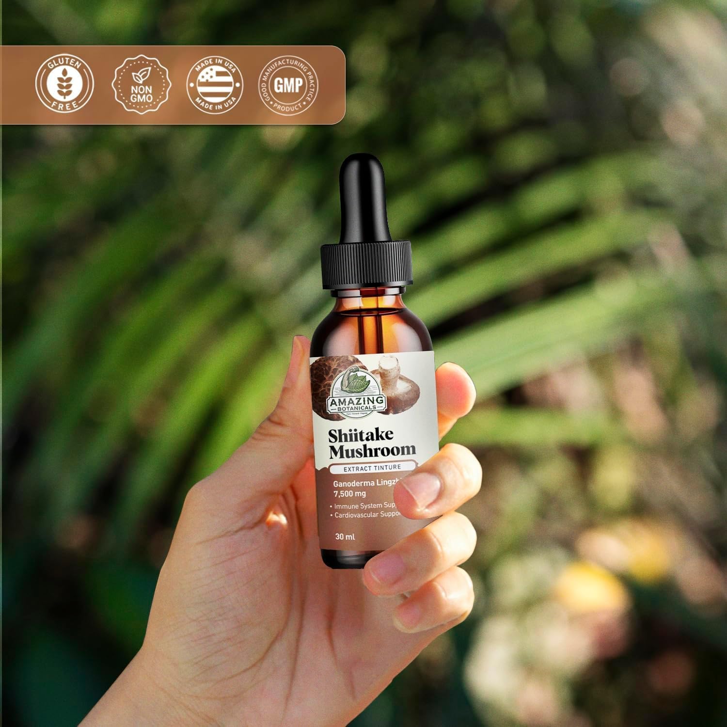 Shiitake Mushroom Extract Tincture - 7,500mg Immune Support Supplement Containing 30% Polysaccharide in Each - Powerful Antioxidant for Overall Wellbeing, Vegan, Sugar & Alcohol-Free Drops – 1oz/30mL