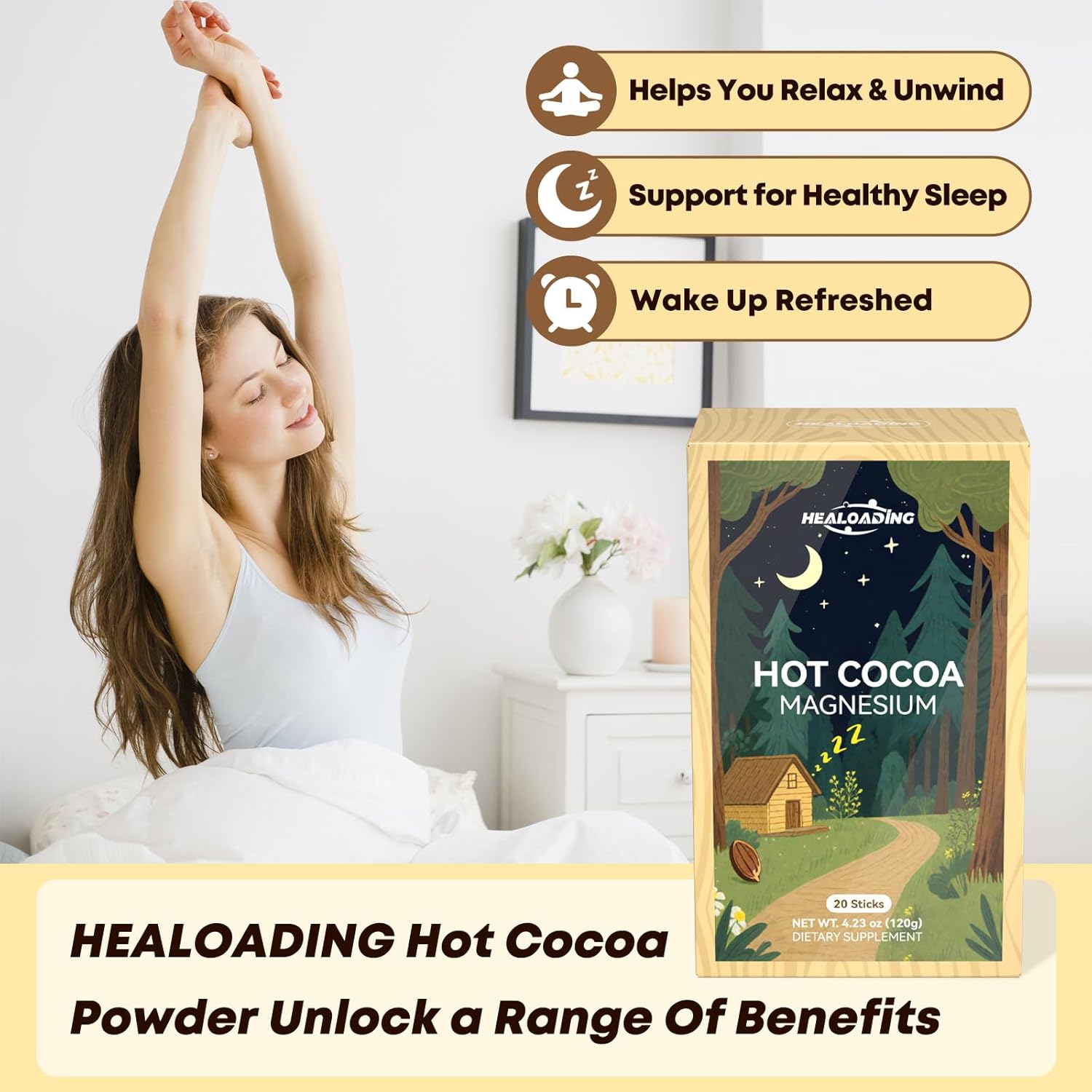 Nighttime Magnesium Hot Cocoa Powder：Natural Sleep Aid Drink Mix for Adults, Relaxing Evening Drink with Magnesium L-Theanine & Reishi-Calming Cocoa Blend Non-GMO