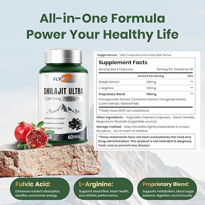 Shilajit for Men Women, Shilajit with Naturally Fulvic Acid & L-Arginine, Himalayan Shilajits for Extra Power, Stamina & Immune Support, Non-GMO, Made in USA, 2 Pack, 60 Capsules Per Bottle