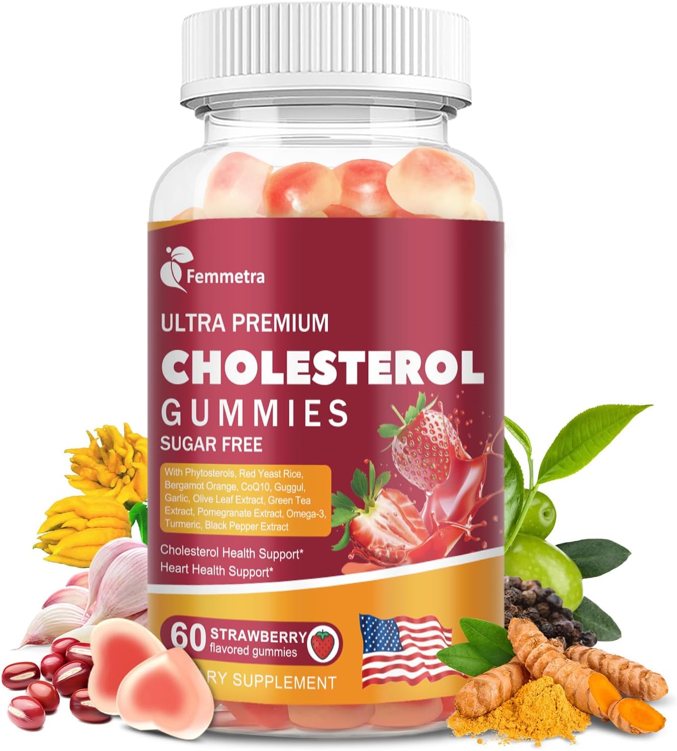 Cholesterol Supplements with Plant Sterols, Red Yeast Rice & COQ10 etc, 17-in-1 Cholesterol Complex Gummies for Heart & Cholesterol Health, Energy Support, Non-GMO, Strawbreey Flavor, 60 Gummies.