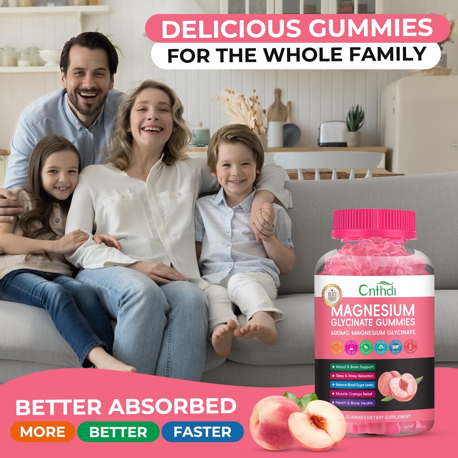 Magnesium Glycinate Gummies Sugar Free, High Absorption Magnesium Citrate with L-Threonate, Calcium, B6, D3, Chews Gummies, Relaxation, Stress Relief, Night Rest