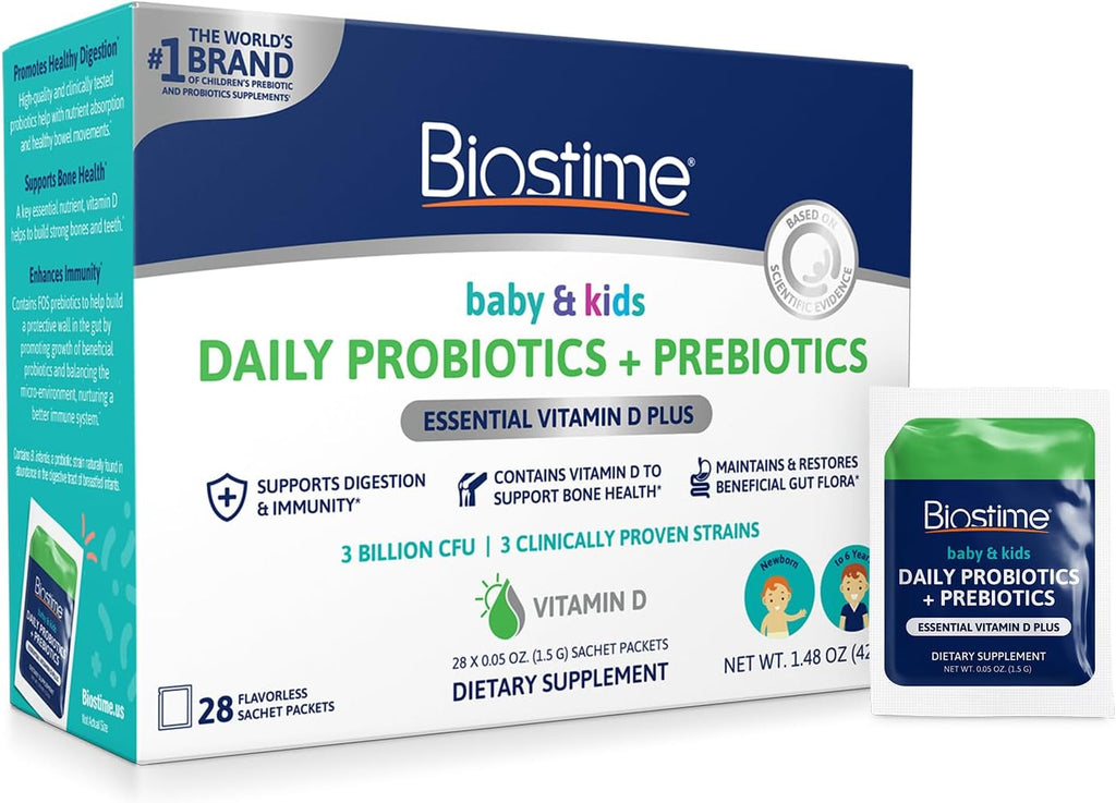 Biostime Infant Baby Toddler Kids Probiotic & Prebiotic with Vitamin D | Baby Probiotic Powder | Kids Immune Support | Constipation Relief for Babies * | Supports Digestion, Gas Relief | 28 Packets