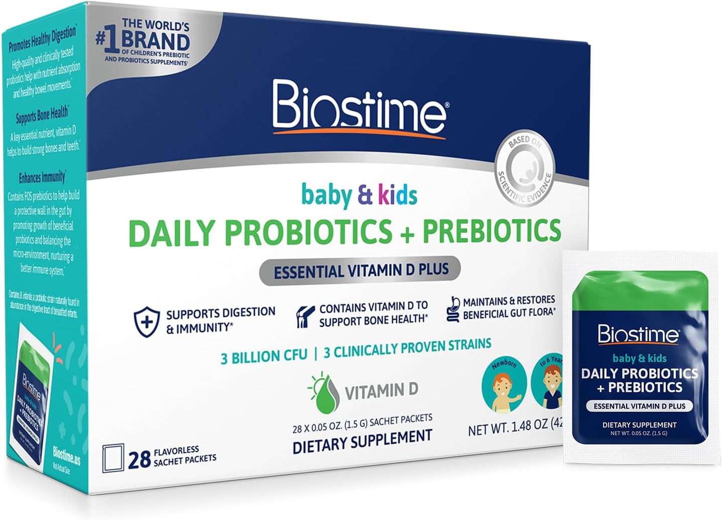 Biostime Infant Baby Toddler Kids Probiotic & Prebiotic with Vitamin D | Baby Probiotic Powder | Kids Immune Support | Constipation Relief for Babies * | Supports Digestion, Gas Relief | 28 Packets