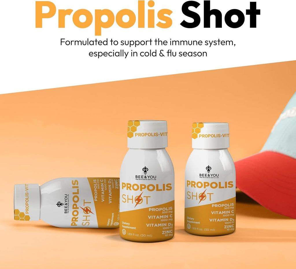 BEE and You Immune Support 100% Natural Propolis Shot Supplement, Antioxidants, Vitamin C, VIT D3, Zinc, Orange Juice, Raw Honey, 1.69 fl. oz x 12 Bottles