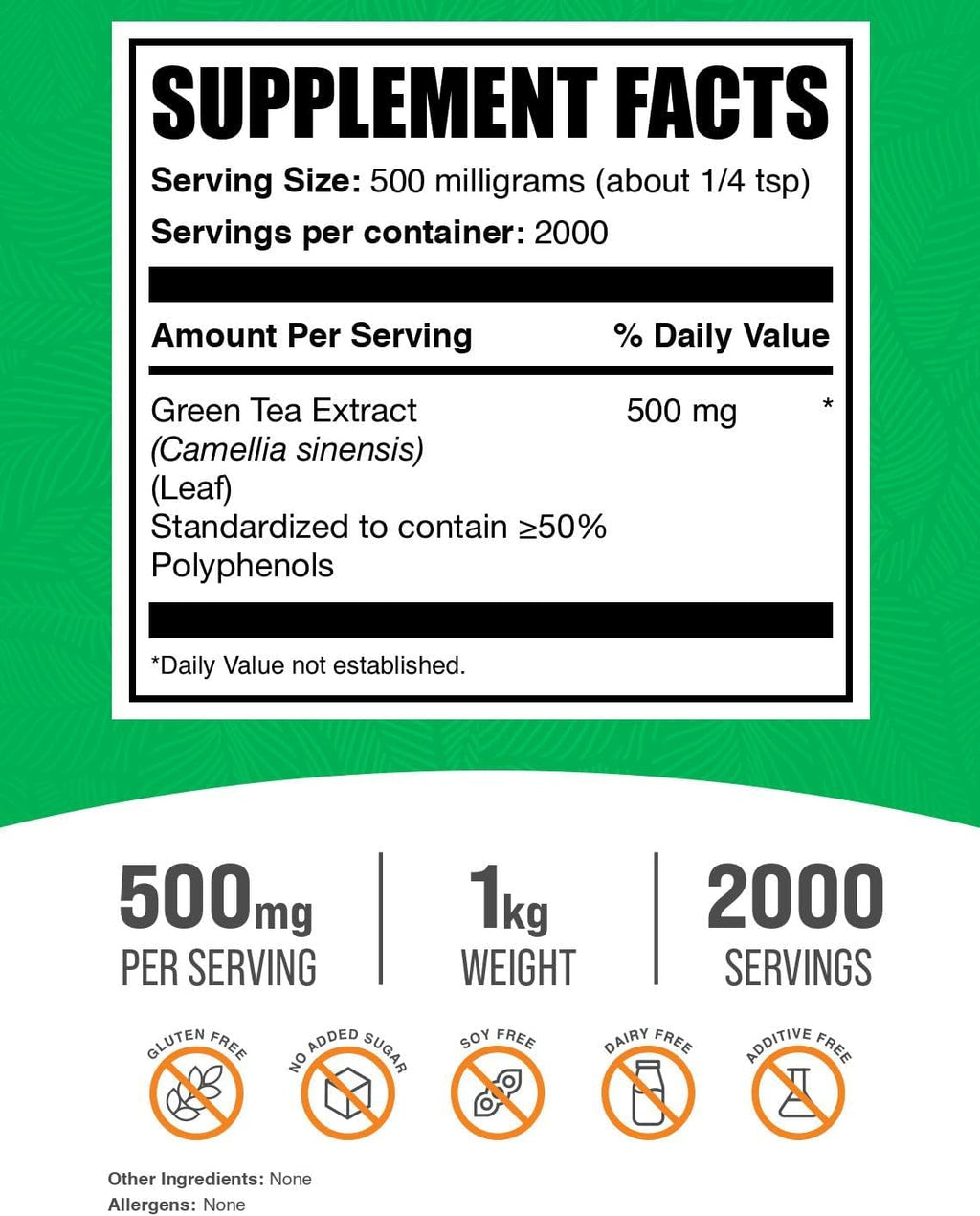 BulkSupplements.com Green Tea Extract Powder - 50% Polyphenol, Green Tea Supplement, Herbal Supplement - Gluten Free, 500mg per Serving, 1kg (2.2 lbs) (Pack of 1)