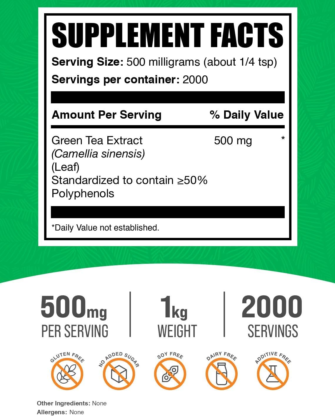 BulkSupplements.com Green Tea Extract Powder - 50% Polyphenol, Green Tea Supplement, Herbal Supplement - Gluten Free, 500mg per Serving, 1kg (2.2 lbs) (Pack of 1)