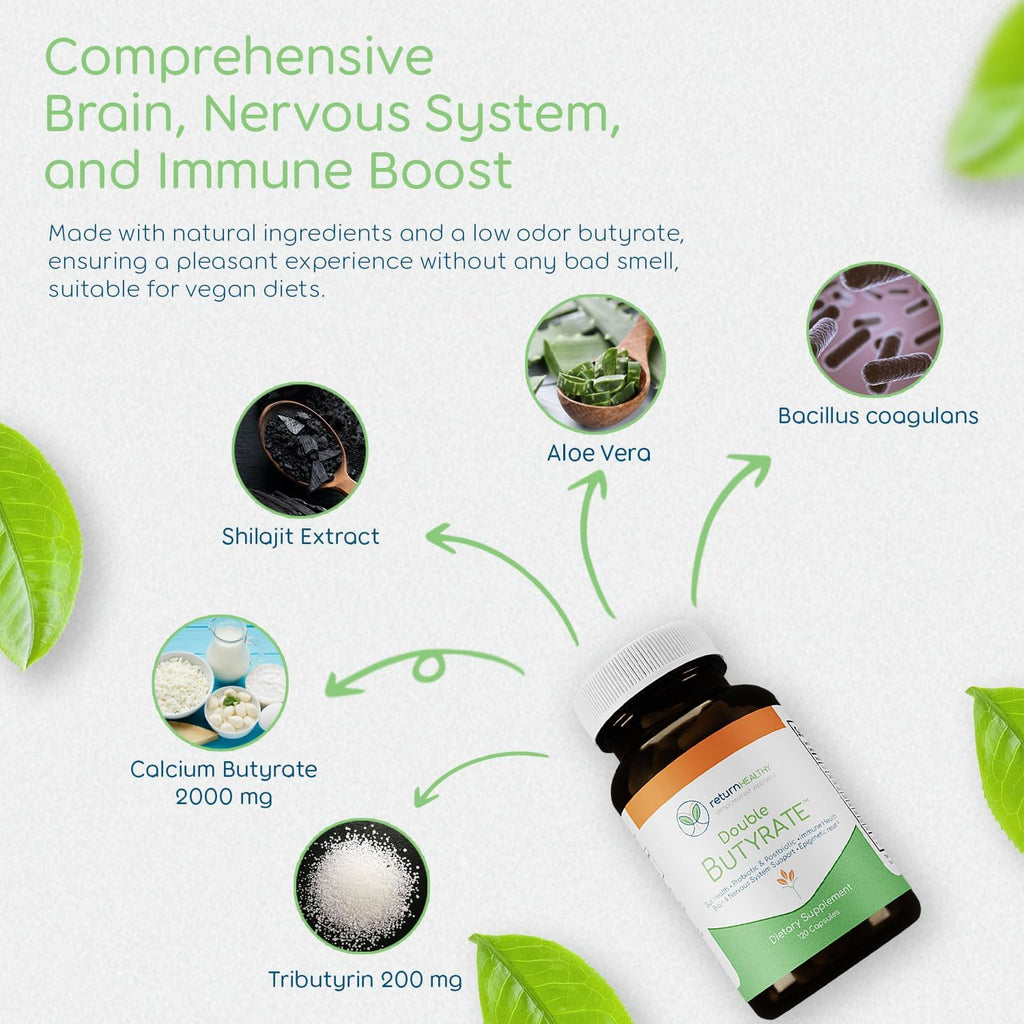 Double Butyrate Gut Health Supplement | Probiotic & Postbiotic Digestive Supplements for Gut Support | Enhances Immune, Brain, & Nervous System Function | Odor-Free Formula | 120 caps