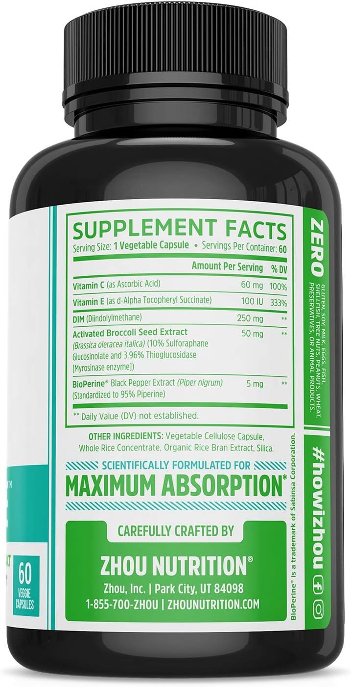 Zhou DIM Active - DIM Supplement, Hormone Balance for Women & Men, Hormonal Support with 250mg Diindolylmethane - 60 Vegan Capsules