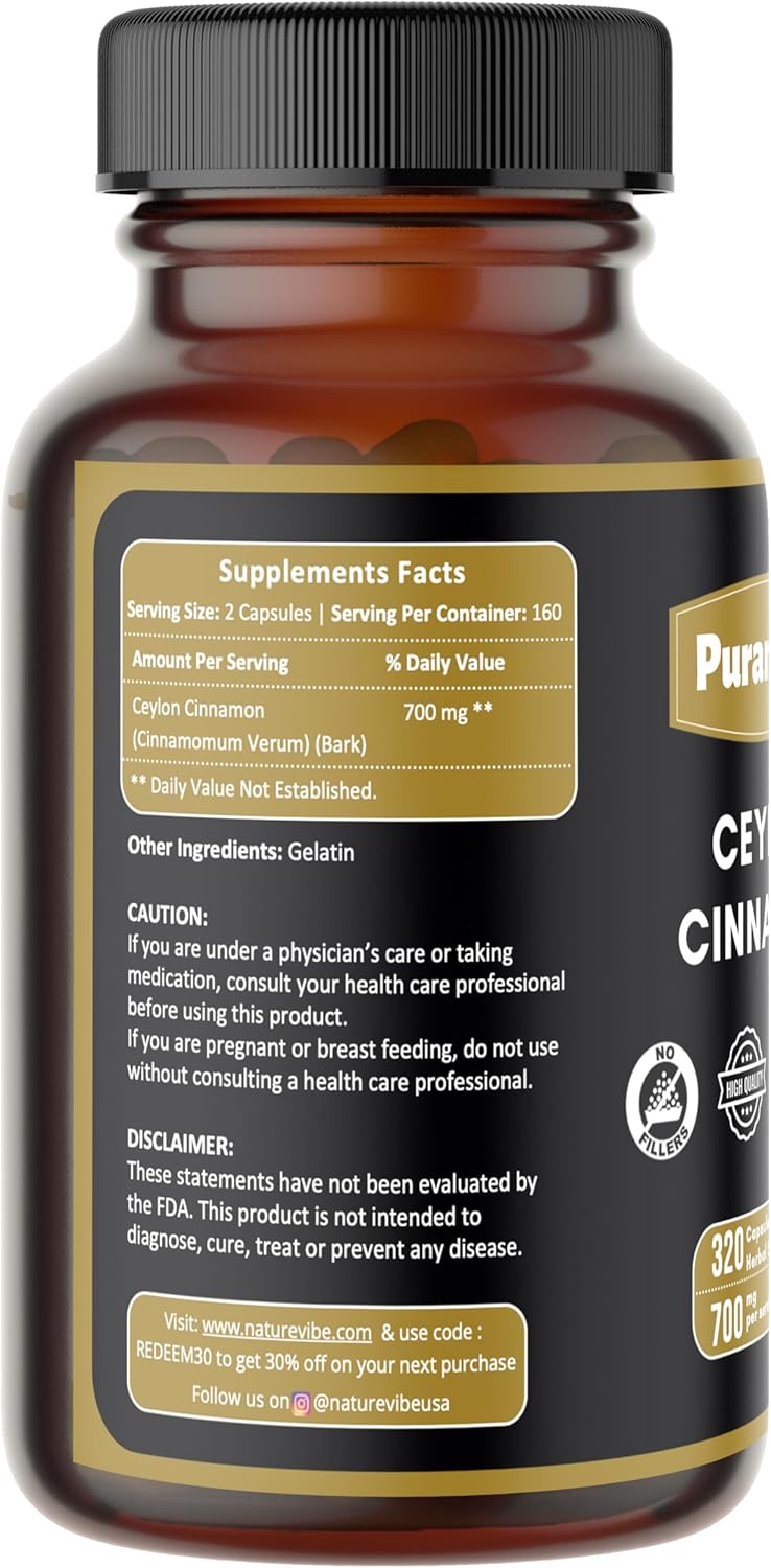 Ceylon Cinnamon Premium 320 Capsules Non GMO and Gluten Free | Herbal Supplement | 700 mg Per Serving | Made with 100% Pure Ceylon Cinnamon Powder
