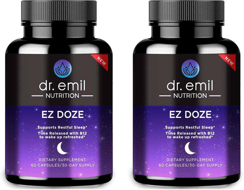 DR. EMIL NUTRITION EZ Doze Vegan Natural Sleep Aid with Valerian Root, GABA & 5HTP - Extra Strength Sleeping Pills for Adults - Safe and Non-Habit Forming (60 Veggie Capsules Pack of 2)