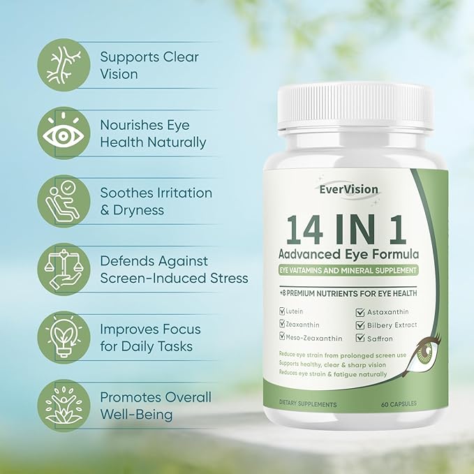 Evervision 14 in 1 Advanced Eye Formula, Eye Vitamin and Mineral Supplement with Zinc, Lutein, Zeaxanthin & Bilberry Extract, 60 Capsules (1)