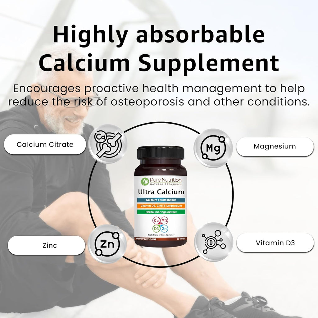 Pure Nutrition Ultra Calcium 1000mg with VIT D3 + K2 | 180 Tabs (90 X Pack of 2) | Highly absorbable Calcium Supplement with Calcium Citrate Malate, VIT D3, K2, Moringa Oleifera, Magnesium and Zinc.