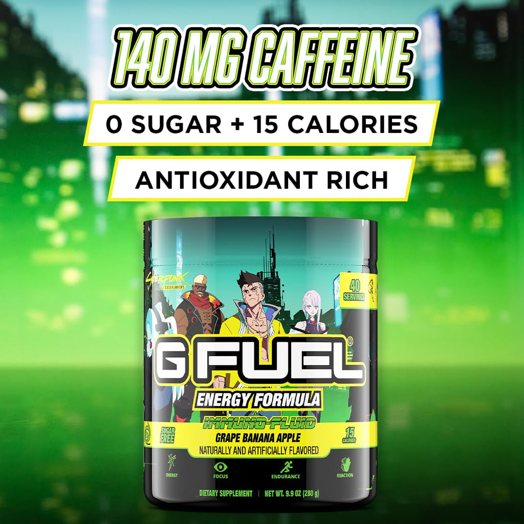 G fuel Cyberpunk Edgerunners Energy Powder, Pre Workout Caffeine Mix for Gaming, Sugar Free Focus Amino, Vitamin + Antioxidants, 9.9oz (Grape Banana Apple, 40 Servings)